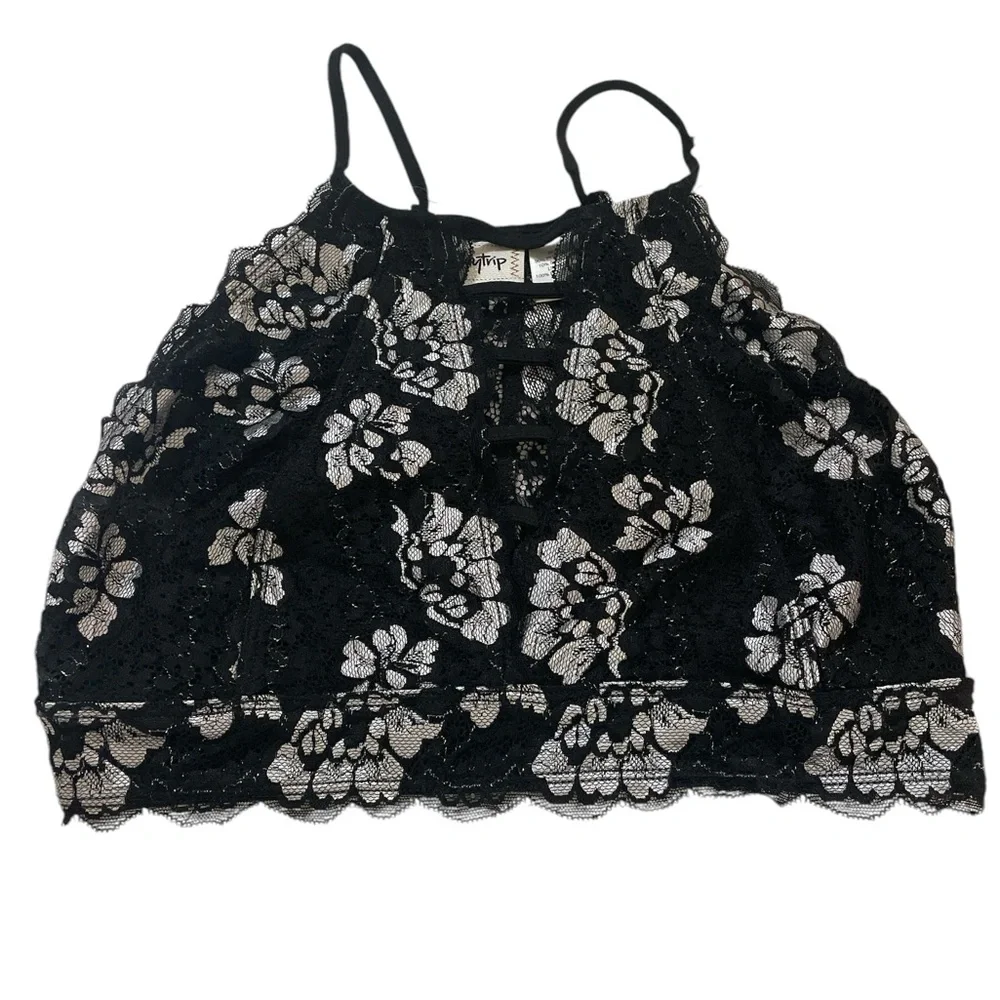 Daytrip black silver lace floral high neck bralette cami camisole crop top S